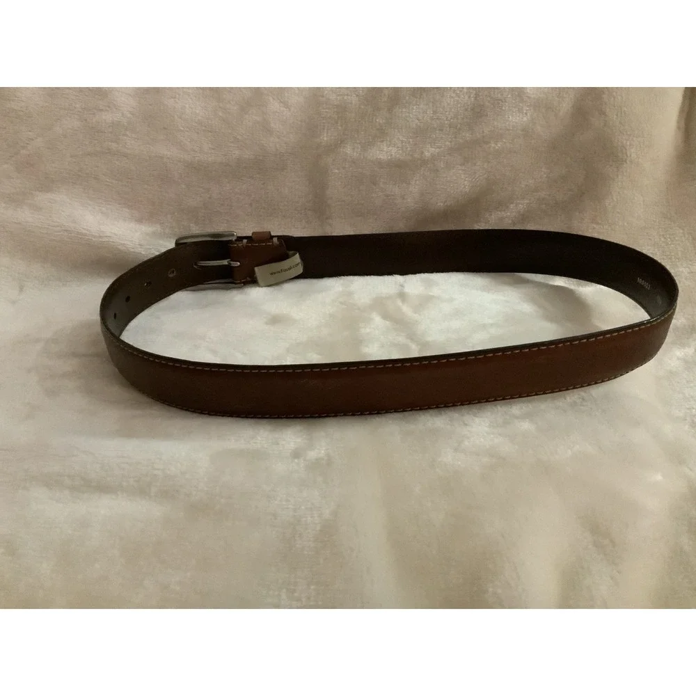 Fossil Brown Leather Belt Contrast Stitching Heavy Duty Buckle Size 36
